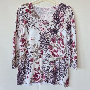 Chico's 3/4 Sleeve V-Neck Floral Sweater